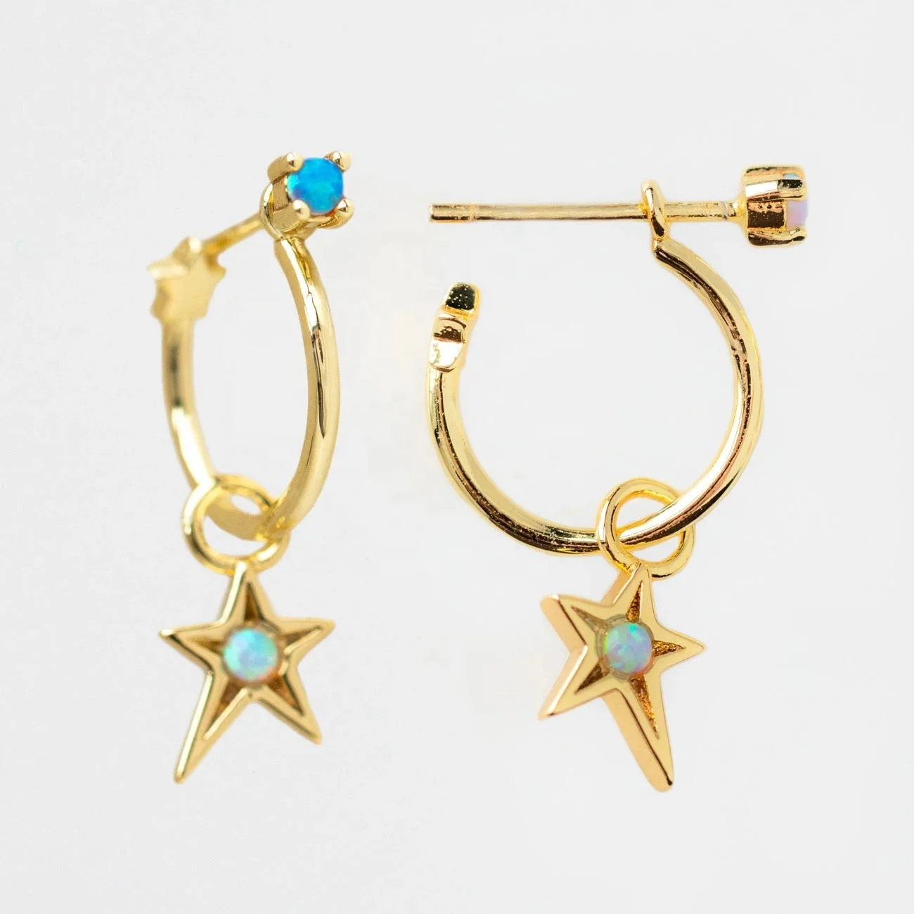 

Fashion gold plated women jewelry delicate dainty cz white fire opal star dangle hoop stud earring, Picture