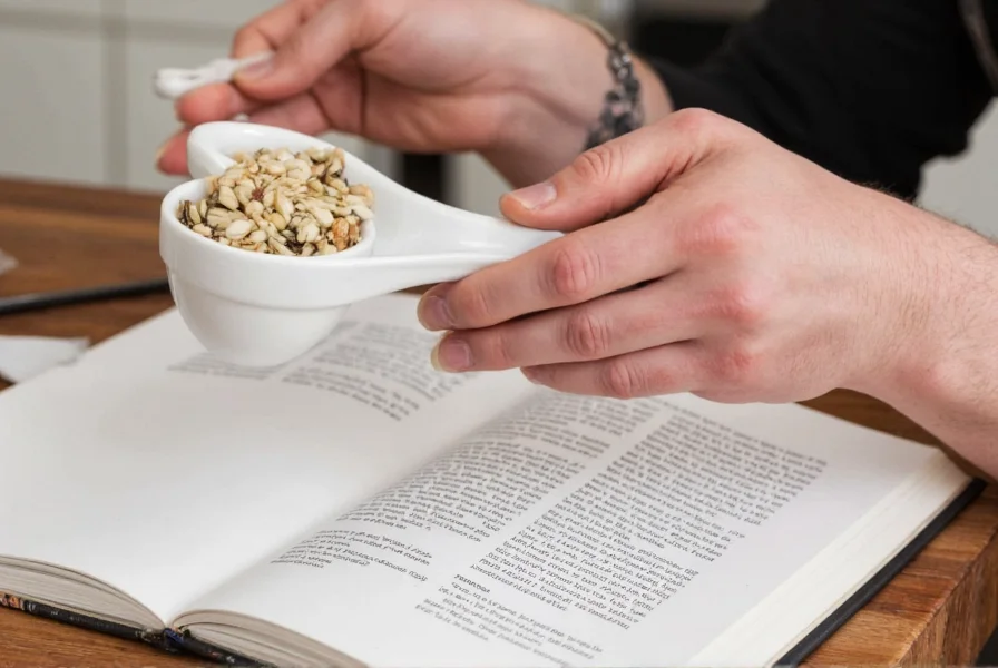 Chef measuring spice substitutes for fennel seeds in small bowls with recipe book open