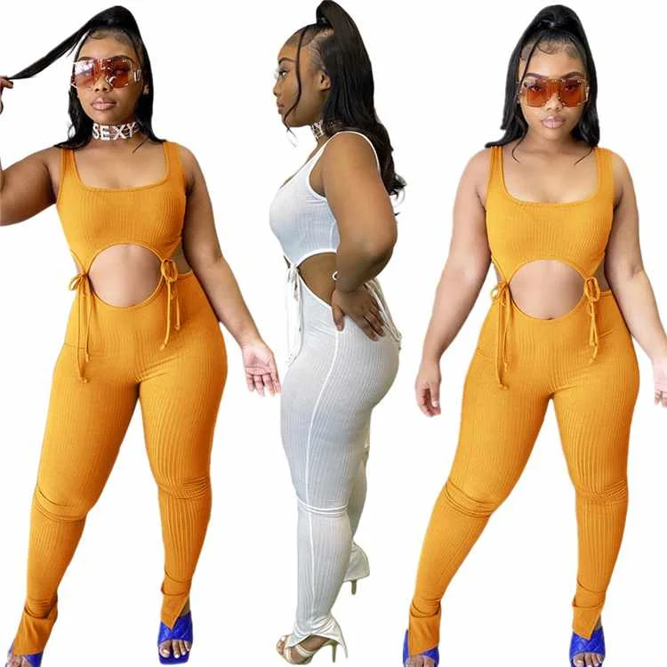 

trendy sleeveless solid rib knit sexy one piece women sexy bodycon jumpsuit