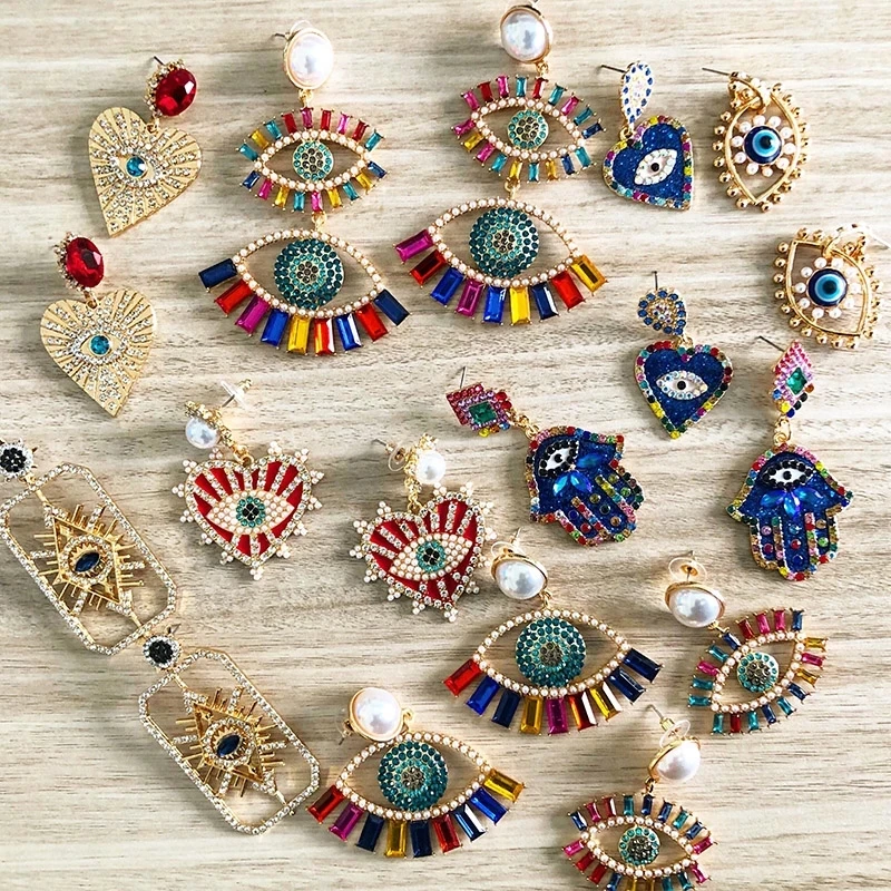 

Hot New Style Jewelry Gift Trendy Ethnic Love Heart Shape Evil Eye Drop Earrings For Women Vintage Statement Crystal Earring, Blue,pink,white,pink,red,black