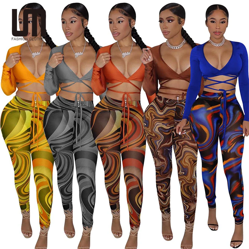 

New Arrivals Sheer Mesh Women Printed Two Piece Set Long Sleeve Top And Leggings Club Outfits Matching Sets, Customized color