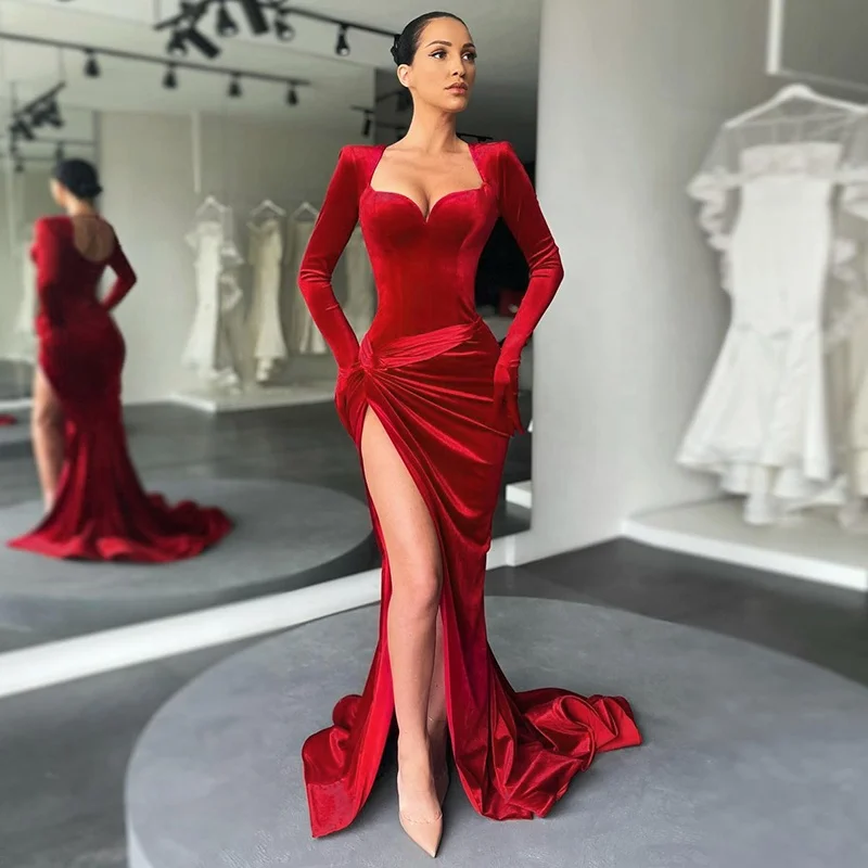 

Autumn hot sale women long sleeve high slit solid color velvet long party sexy dresses women casual ladies evening dresses