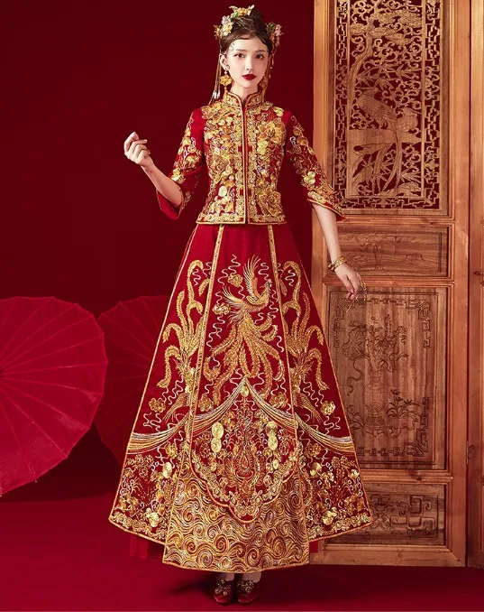 

2020 Chinese Luxury Red Bridal Gown Full Embroidery Traditional Chinese Style Wedding Dress