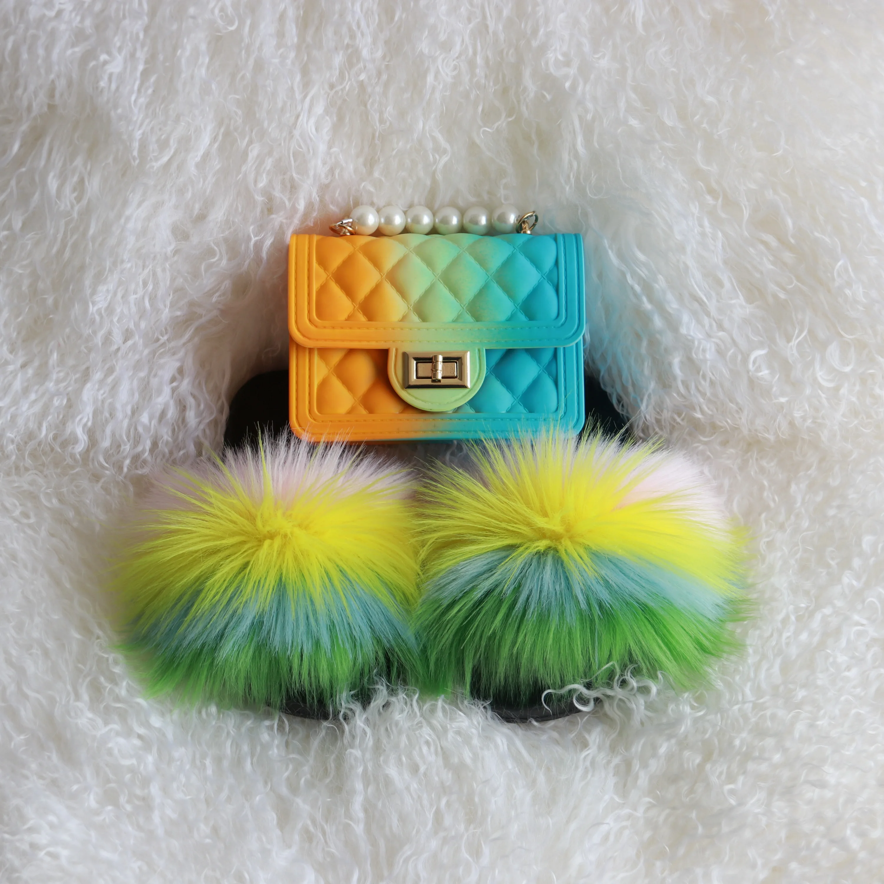 

kids fur slides and matching purse