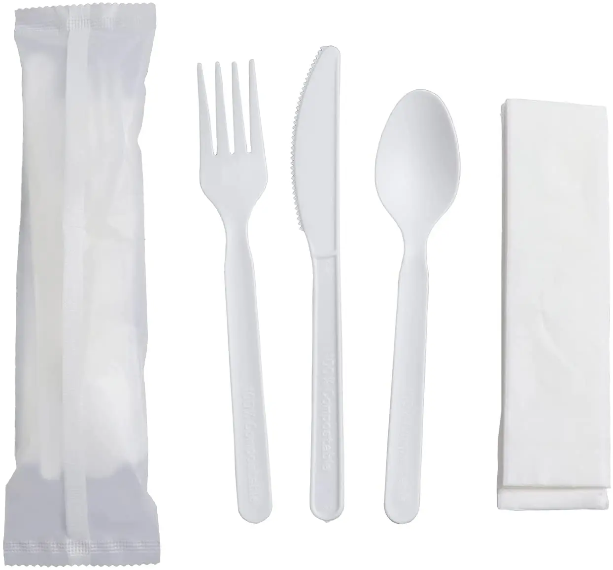 

7" Heavyduty Compostable CPLA Cutlery Kits,500 Sets (Fork, Spoon,Knife,Napkin 4 in 1) Individually Wrapped With Compostable Bag, White