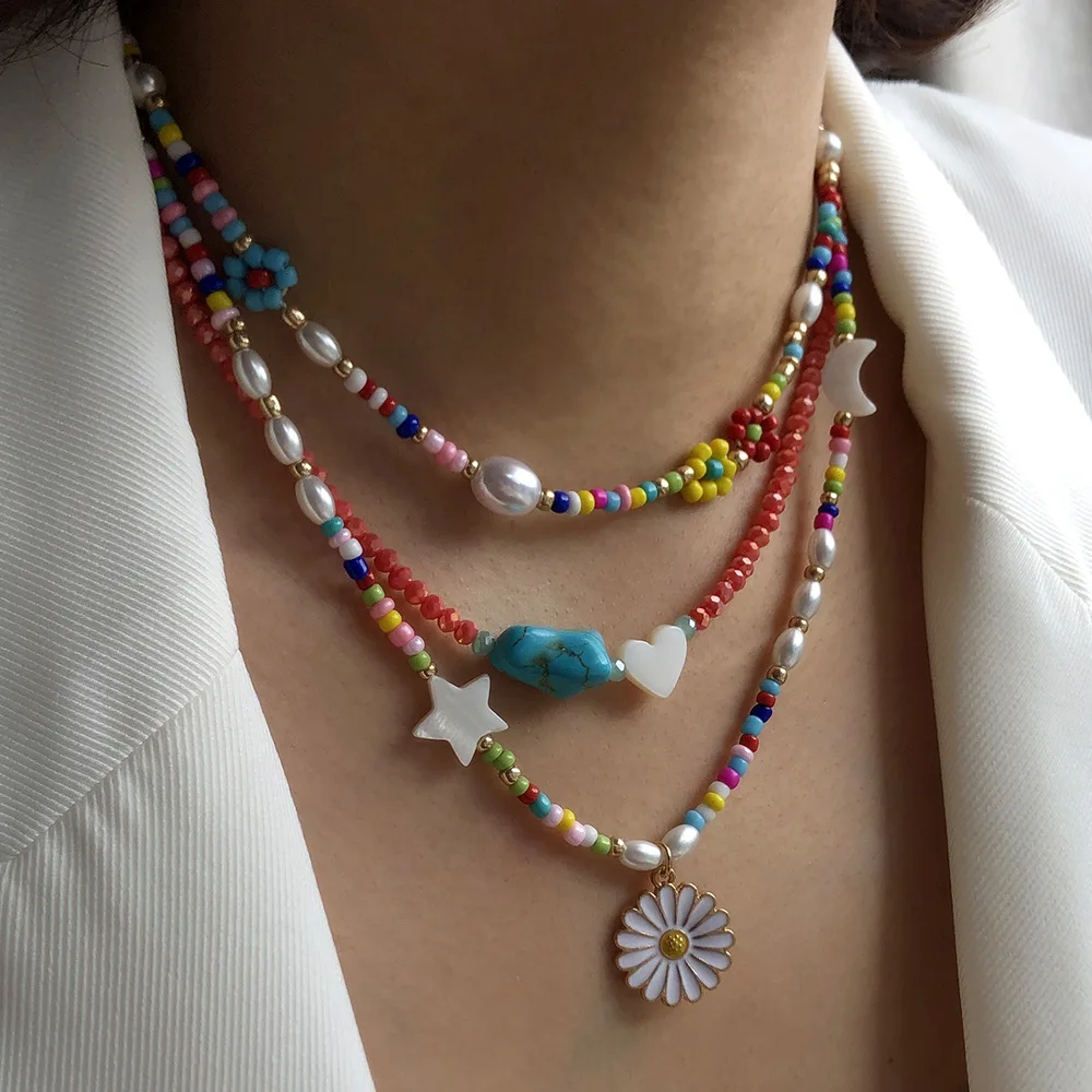 

Hot sell handmade colorful gem shell flower layered Choker necklace chain jewelry erkek kolye for woman