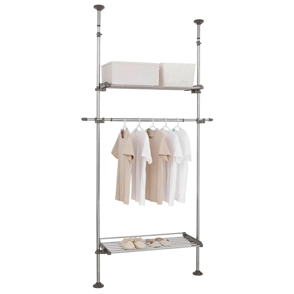

BAOYOUNI Floor to Ceiling Stand Telescopic Clothes Shelf System Space Saving DIY Assemble Adjustable Wardrobe with Clothes Rail