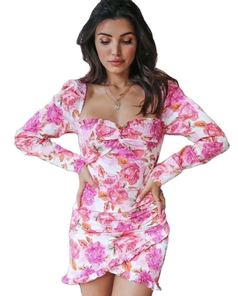 

2020 new arrivals fashion design fancy bubble sleeve square collar floral print women casual dresses