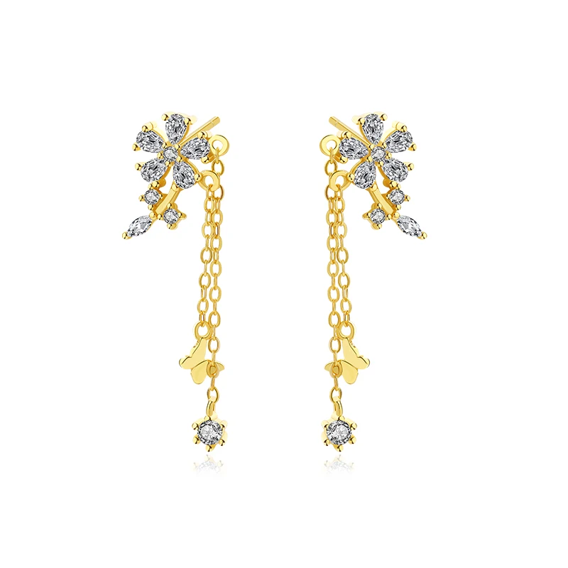 

2023 New 18K Gold Plated Tassel Jewelry Sterling Silver 925 Zircon Diamond Flower Butterfly Stud Earrings
