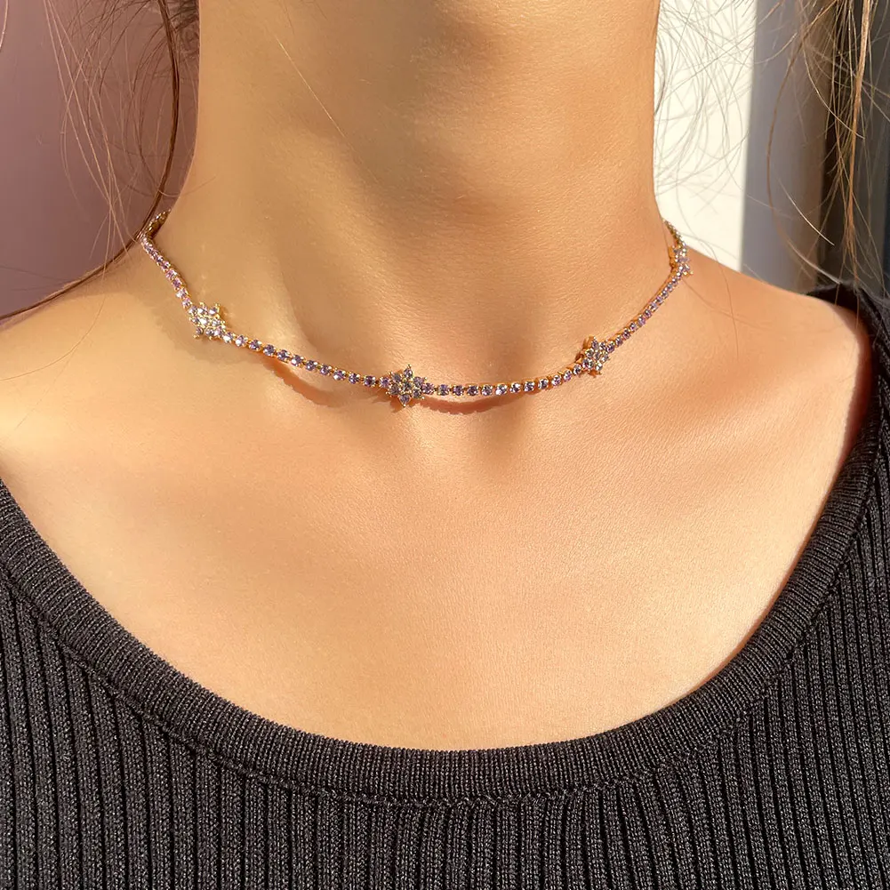 

Adjustable Dainty Single Layer Bling Colorful Full Rhinestone Pave Flower Shape Necklace For Women, Gold plated