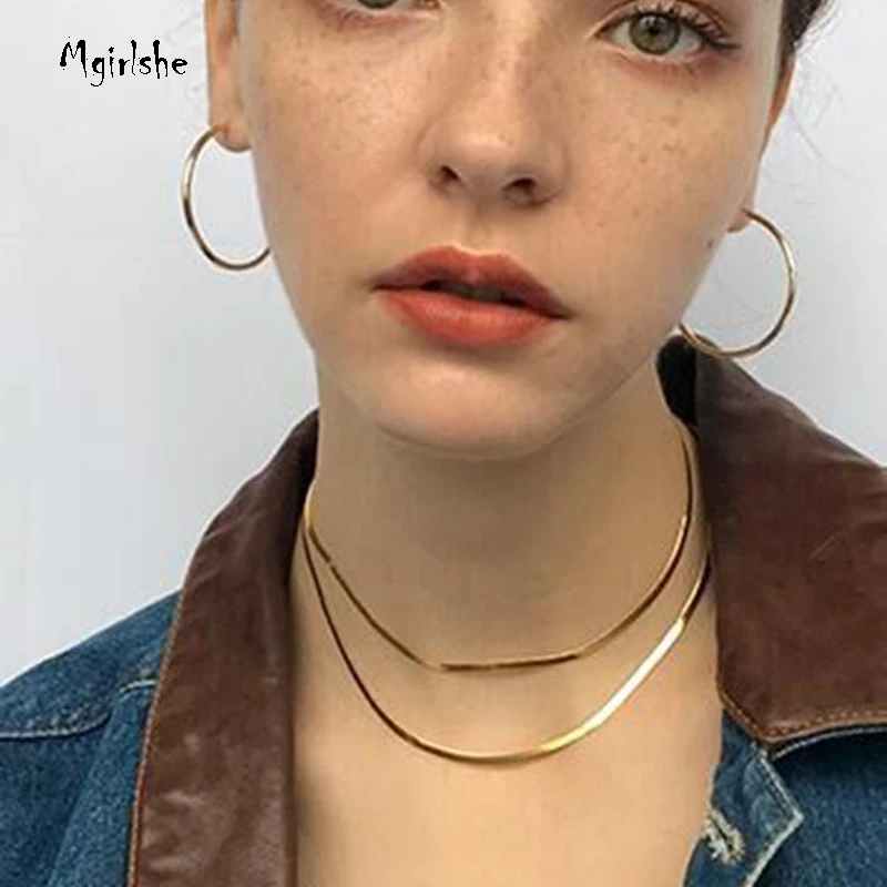 

Mgirlshe 14K Gold Plated Stainless Steel Choker Necklace Women Handmade Chains Thick Layer Chains Choker Stack Snake Chains, As picture