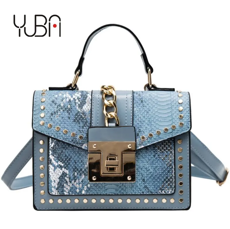 

Blue PU Leather Shoulder Bag Female Retro Serpentine Chain Square Crossbody Bag vintage ladies snake skin handbag