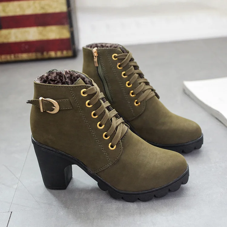 

2021 Autumn high heel buckle women's shoes thick heel short boots round head Martin boots lace up Knight boots, As pic