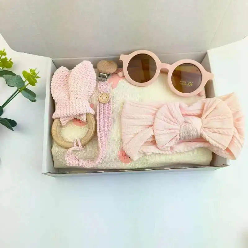 

2024 New Customized Baby Box Gift For Newborn Cotton Blanket Wooden Teether Ring Pacifier Clip Chain Sunglass Socks Present Set