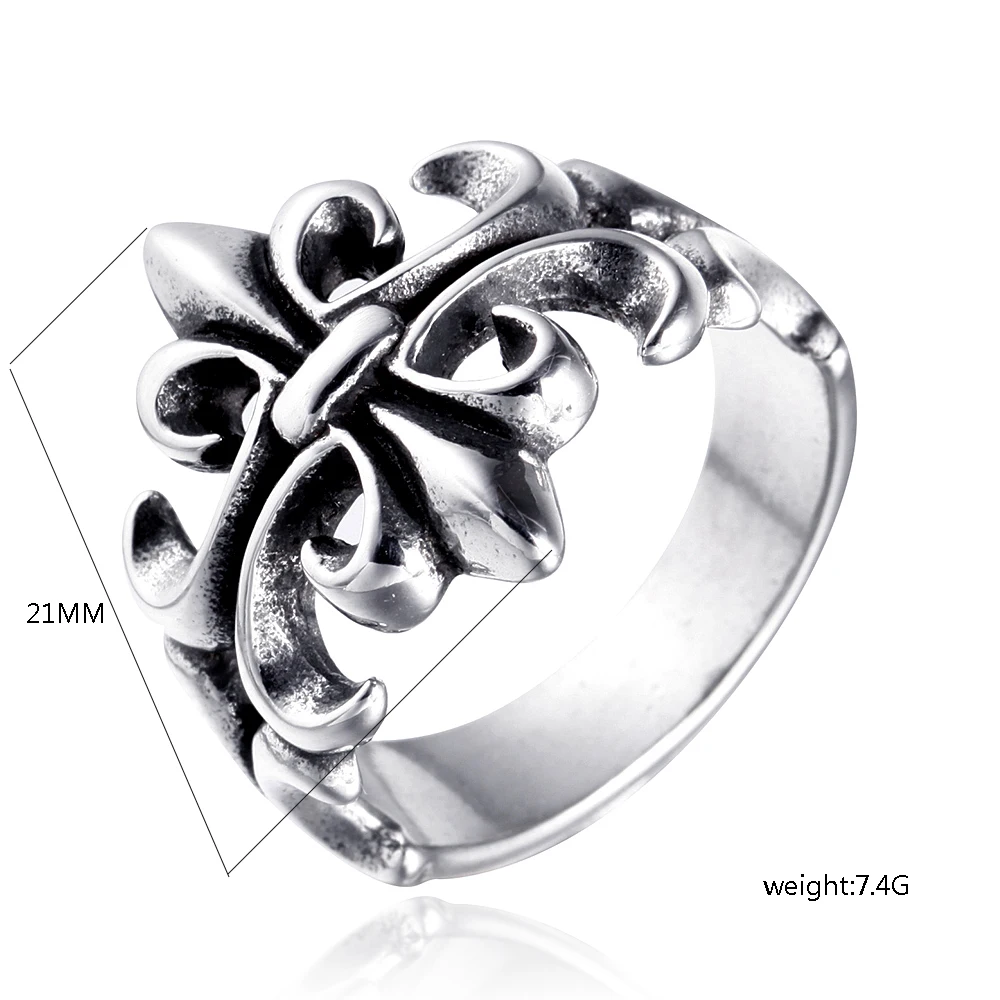 

Amazon Hot Stainless Steel Silver Vintage Fleur De Lis Cross Ring