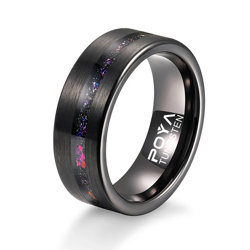 POYA Galaxy Sandstone Opal Inlay Tungsten Ring 8mm Koa Wood Flat Brushed Wedding Band for Men