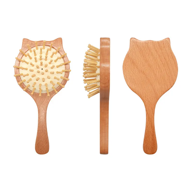 

New Design Cat Shape Cute Eco-friendly Custom Logo Wooden Baby Brush Soft Massage Wood Baby Hair Brush