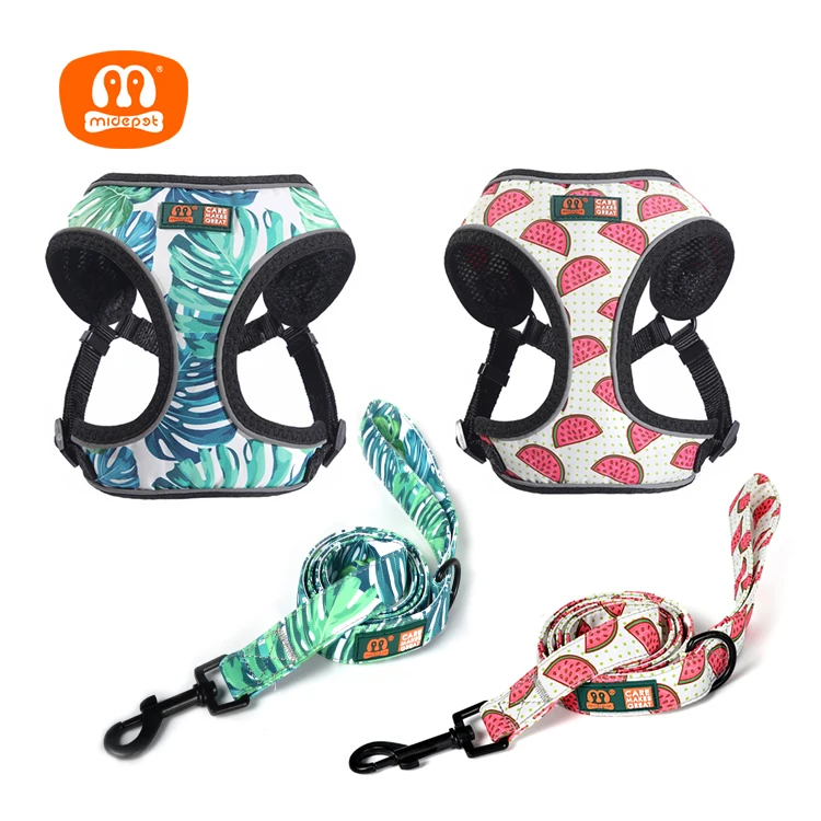 

MIDEPET Wholesale Pet Personalised Printing Custom Logo Easy Walk No Pull Quilted Front Clip Low MOQ Dog Harness Set, Watermelon,green leaf,customized