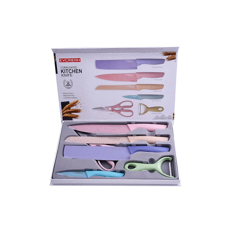 

amazon top Stainless steel colorful fruit knife 6-Piece set with small chopping board kitchen knife set gift box kitchen knives