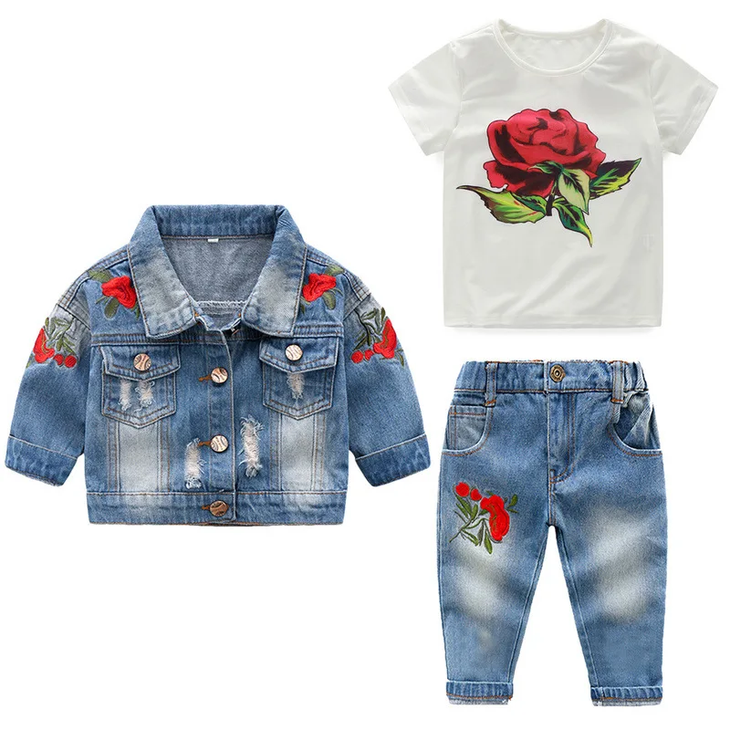 

Children's suit spring and summer girl's printed T-shirt + rose embroidery torn jeans jacket + casual pants three sets, As picture