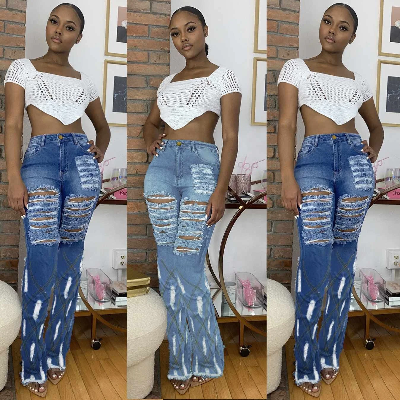 

2021 flare Wide leg trend bell bottom denim pants Ripped jeans for women