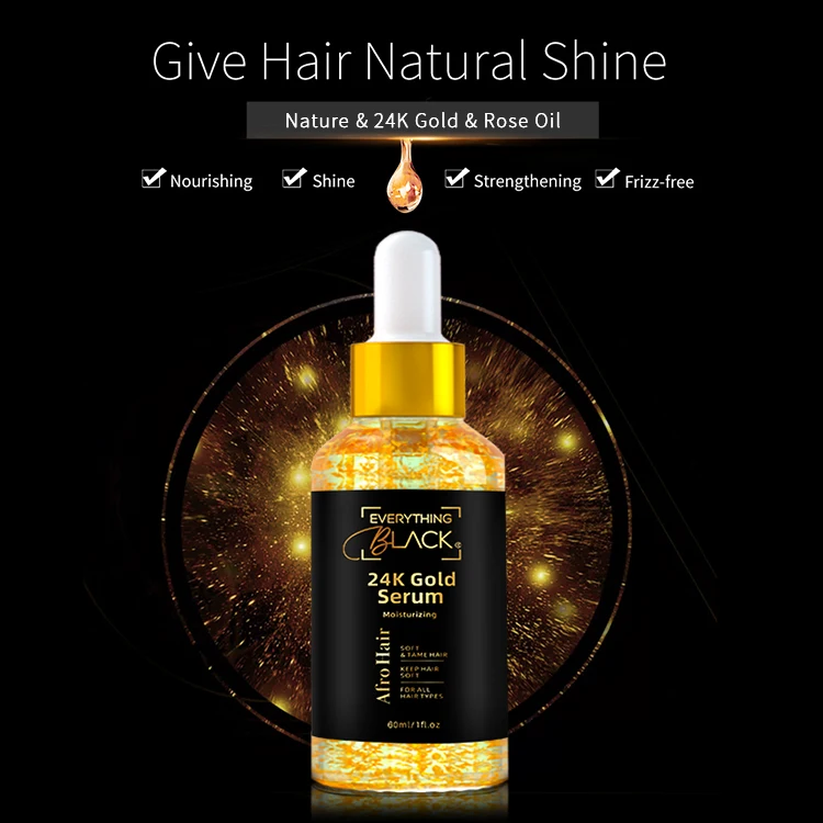 

EVERYTHINGBLACK Private Label Natural Shine Frizz Free Argan oil straightening Afro 24K Gold Hair Serum for 4C Curl demaged hair