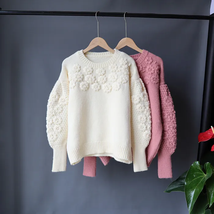 

MY916 New Autumn Winter Fashion 3D Floral Lantern Sleeve Casual Pullover Jumpers Women Solid Sweaters Clothing