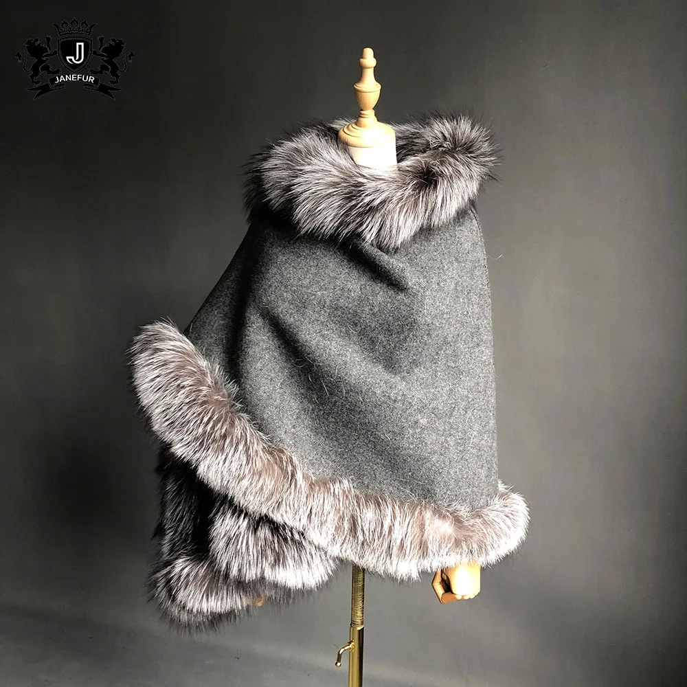 
2019 High Quality Real Cashmere Cape Scarves Shawl Women With Fox Fur Trim 
