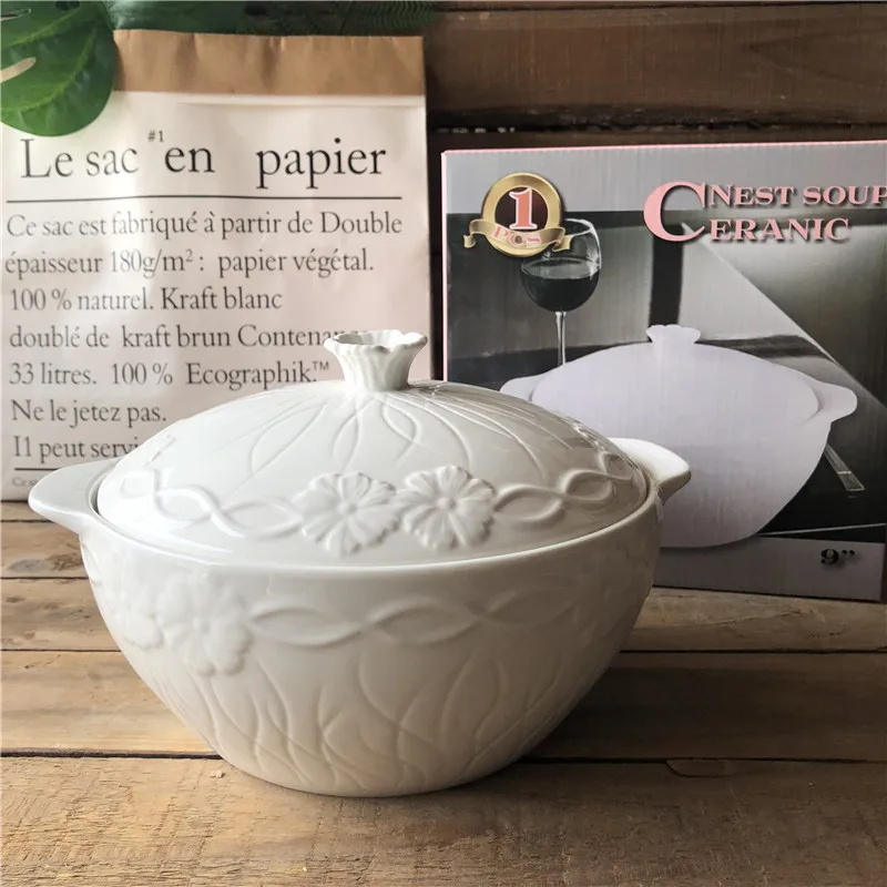 

Hot-selling white ceramic soup tureen with embossed decoration and soup pot lid