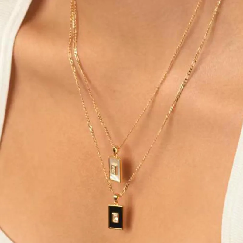 

Joolim Jewelry 18K Gold Plated Stainless Steel Zirconia Black Agate & White Shell Rectangle Pendant Necklaces Trendy Jewelry