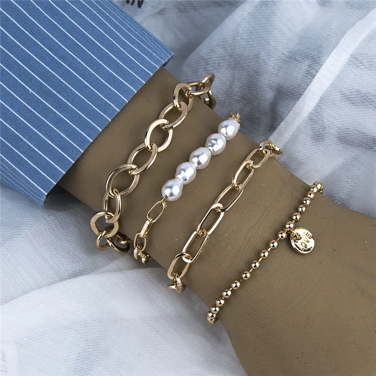 

New style bracelet Fashion simple multi-layer chain beaded pearl bracelet set, Silver,gold or custom
