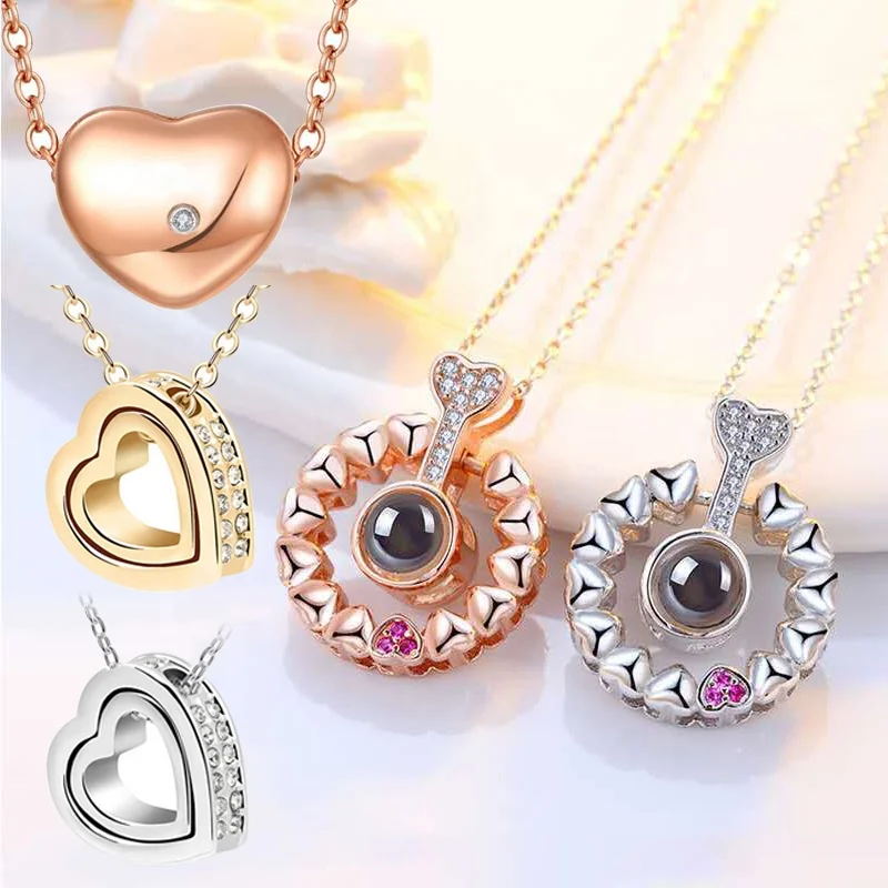 

ADELANTE Hot Sale 100 Languages I Love You Projection Necklace Heart Pendant Necklace Jewelry, Rose glod,platinum