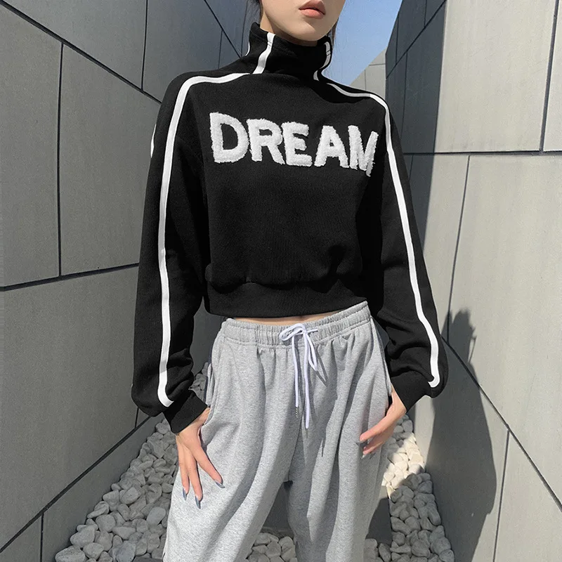 

2021 Winter Women Clothing Tops Long-Sleeved High Collar Loose Letter Print Pullover Lounge Clothing Sweater