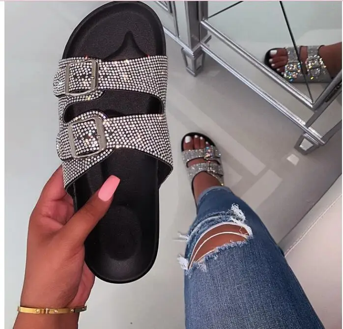 

Good quality custom women shoes slippers rhinestone black flat summer beach sandals for ladies glitter sandals