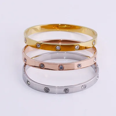 

2021 Fashion Minimalist Unisex Open Stainless Steel Bracelet Silver Rose Gold Rhinestone Cuff Bangles Bracelet