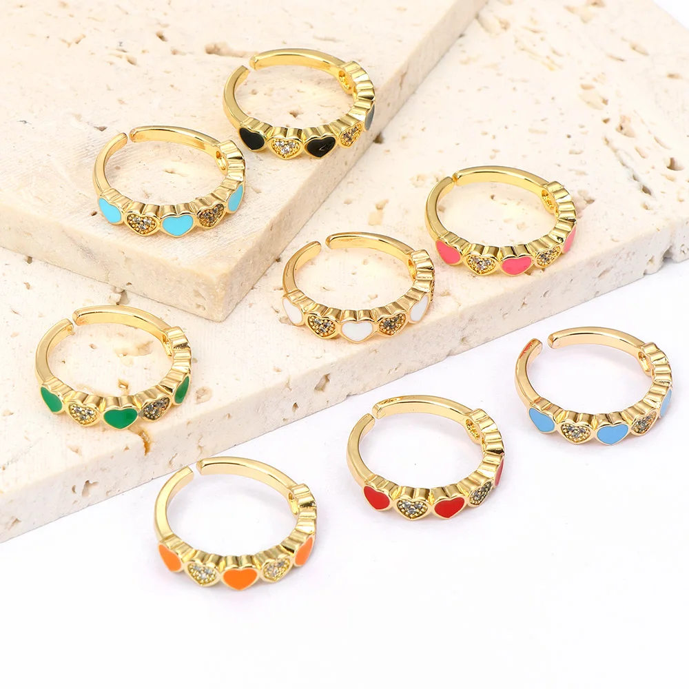 

14k Gold Plated Stackable CZ Heart Opening Ring Boho Colorful Enamel Heart Rings Finger Jewelry