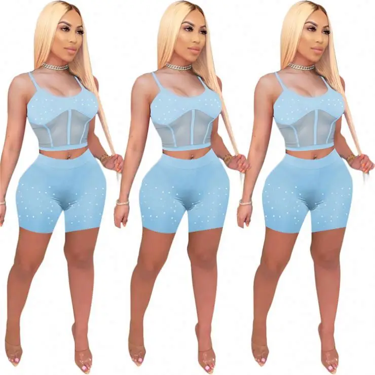 

OSINA New Arrival 2021 Summer Solid Color Hot Drilling Mesh Splice 2 Piece Short Set Women Pant Set