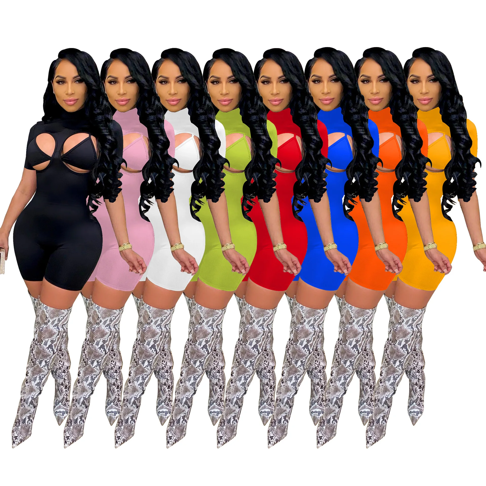 

MD-20030555 Summer 2022 women night club high neck hollow bodycon bandage short romper jumpsuit, 8 colors