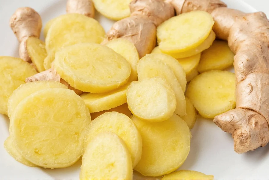 Fresh ginger root sliced for tea preparation with lemon and honey