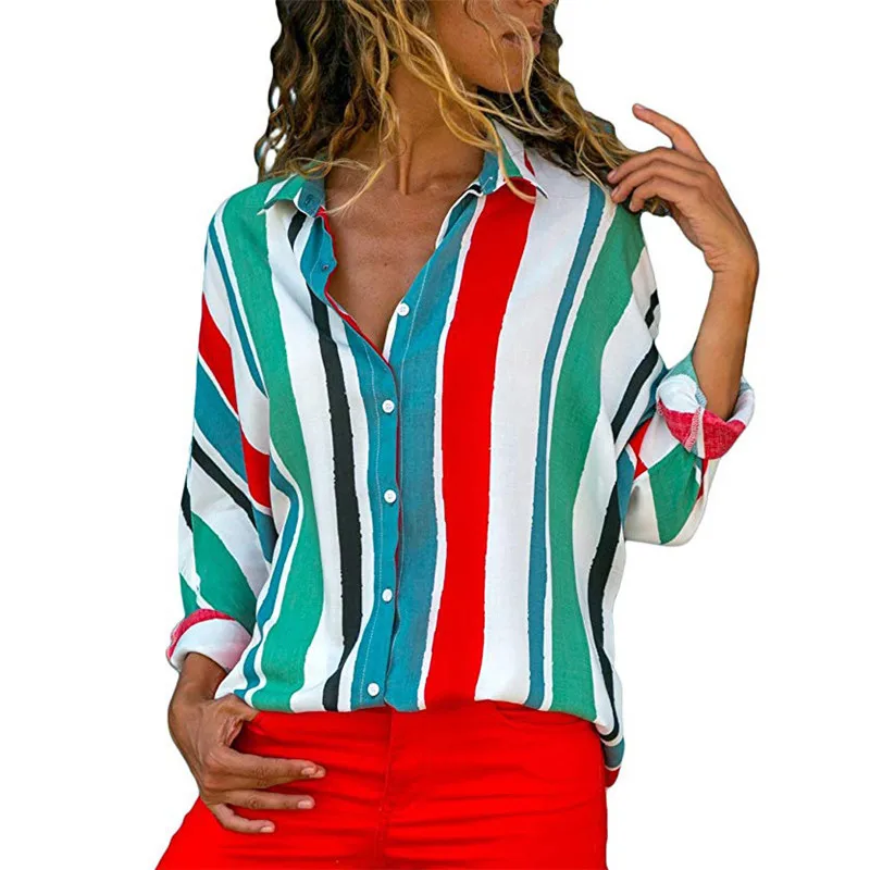 

New Women Clothing Casual Tops V Neck Striped Chiffon Roll up Sleeve Button Down Blouses Shirts