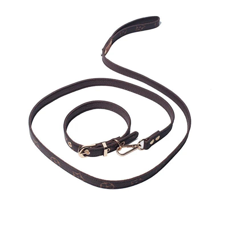 

Luxury brand design classic printing leather pet dog leash collar set, As picture