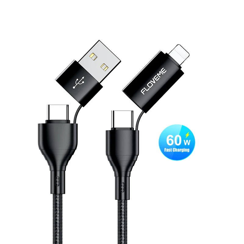 

Free Shipping 1 Sample OK FLOVEME 3A 4 in 1 Fast PD60W USB Charging Cable Mobile Phone Data Line for iphone for Type C