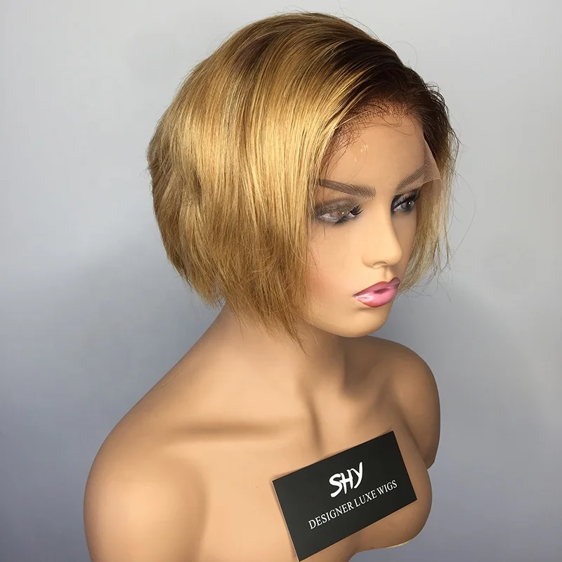 

Shy Virgin Glueless Short Full Lace 100 Human Hair Wig Elastic Band 2T #4/#27 Color