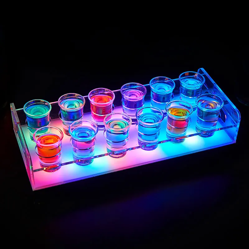 

Custom Acrylic Shot Glass Tray 6/12 Holes Changeable LED Bullet Cup Holder Trays for Club drink wares, Transparent & black