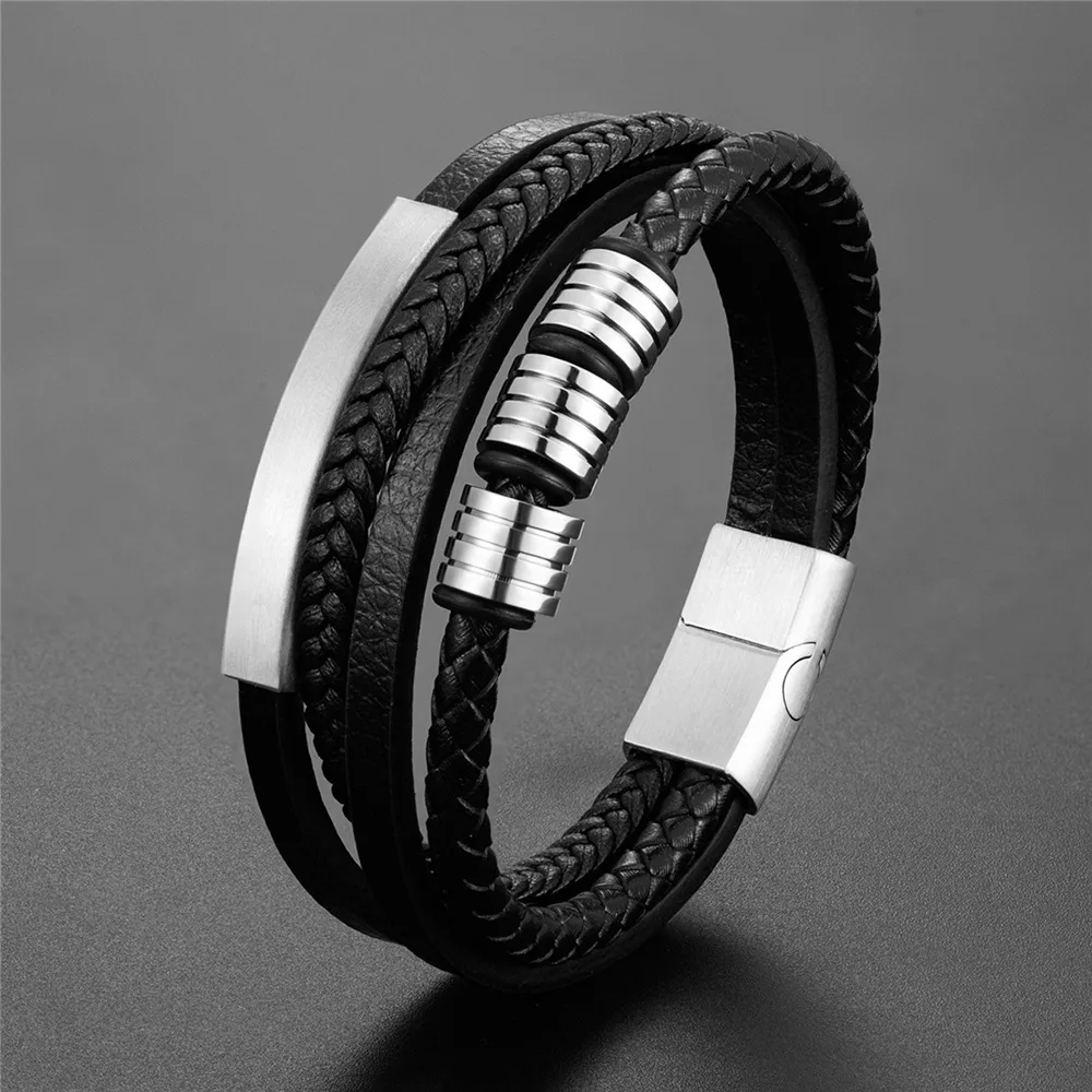 

Lateefah OEM Men's Bracelets Steel and Leather Stainless Steel Leather Bracelet for Engraving Bracelet Leather