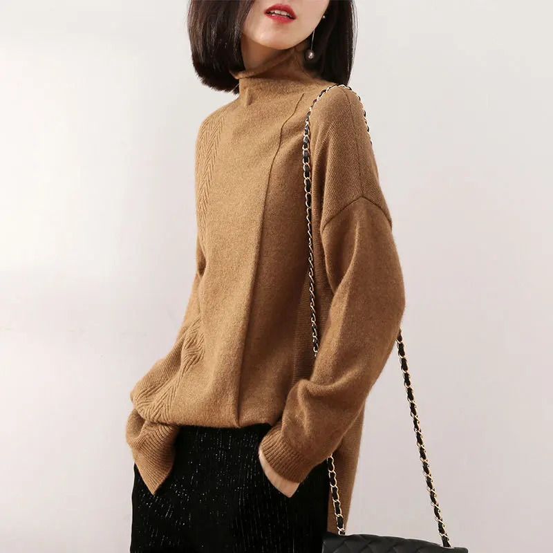 

high quality Women half turtleneck large size sweater dress new cashmere woolen blend solid color pullover sweater