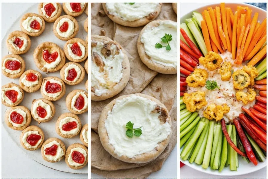 Variety of pepper jelly cream cheese dip presentations including mini tart shells, vegetable platter, and traditional round dish