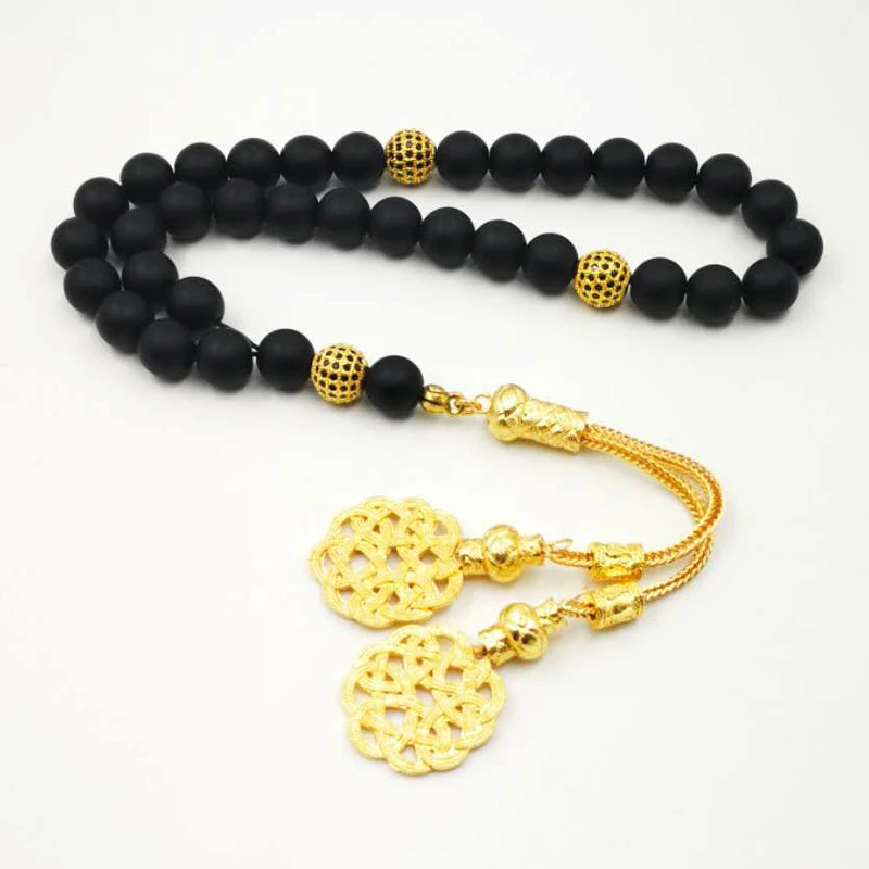 

Tasbih Natural Black Matte Agate with Zircon stone beads Golden Kazaz tassel Islamic Muslim bracelet prayer beads Rosary misbaha