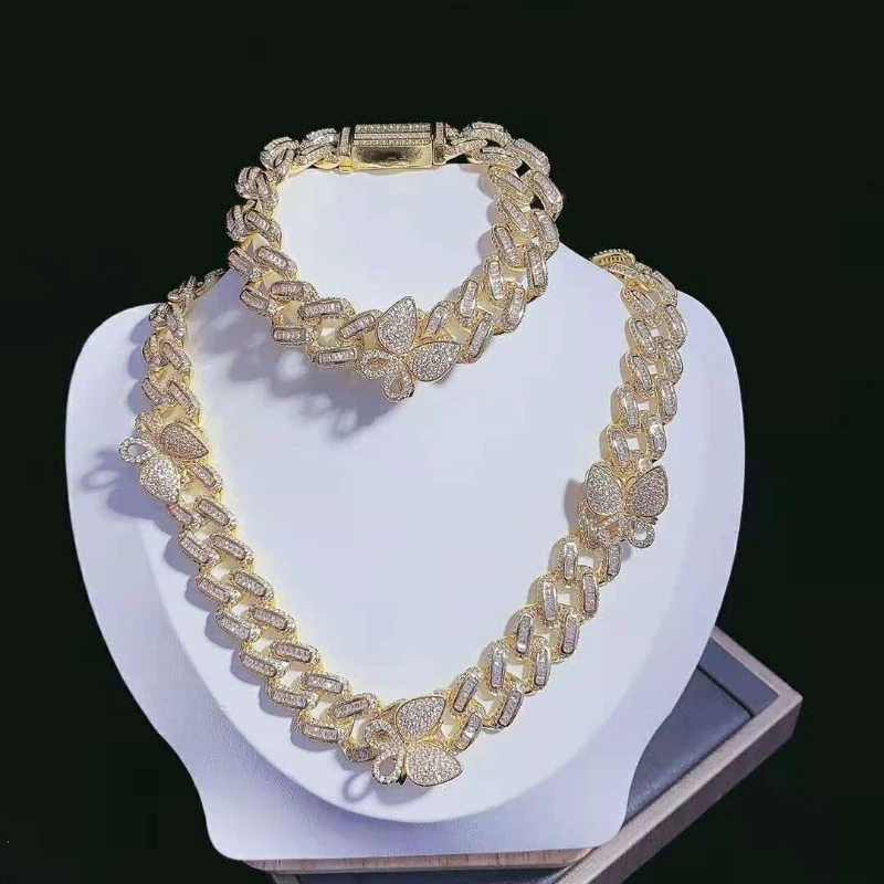 

Top Quality 24K Gold Diamond Butterfly Iced Bling Hip Hop Women Ladies Jewellery Cuban Chain Link Necklace