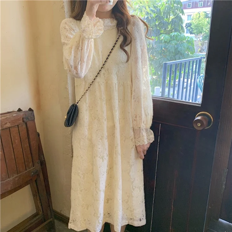 

B62397A A new winter 2020 Korean fashion dress with lace flared sleeves and thickened sleeves dress